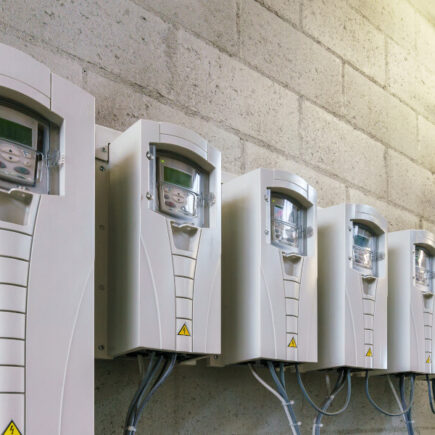 A row of Variable Frequency Drives in a industrial setting